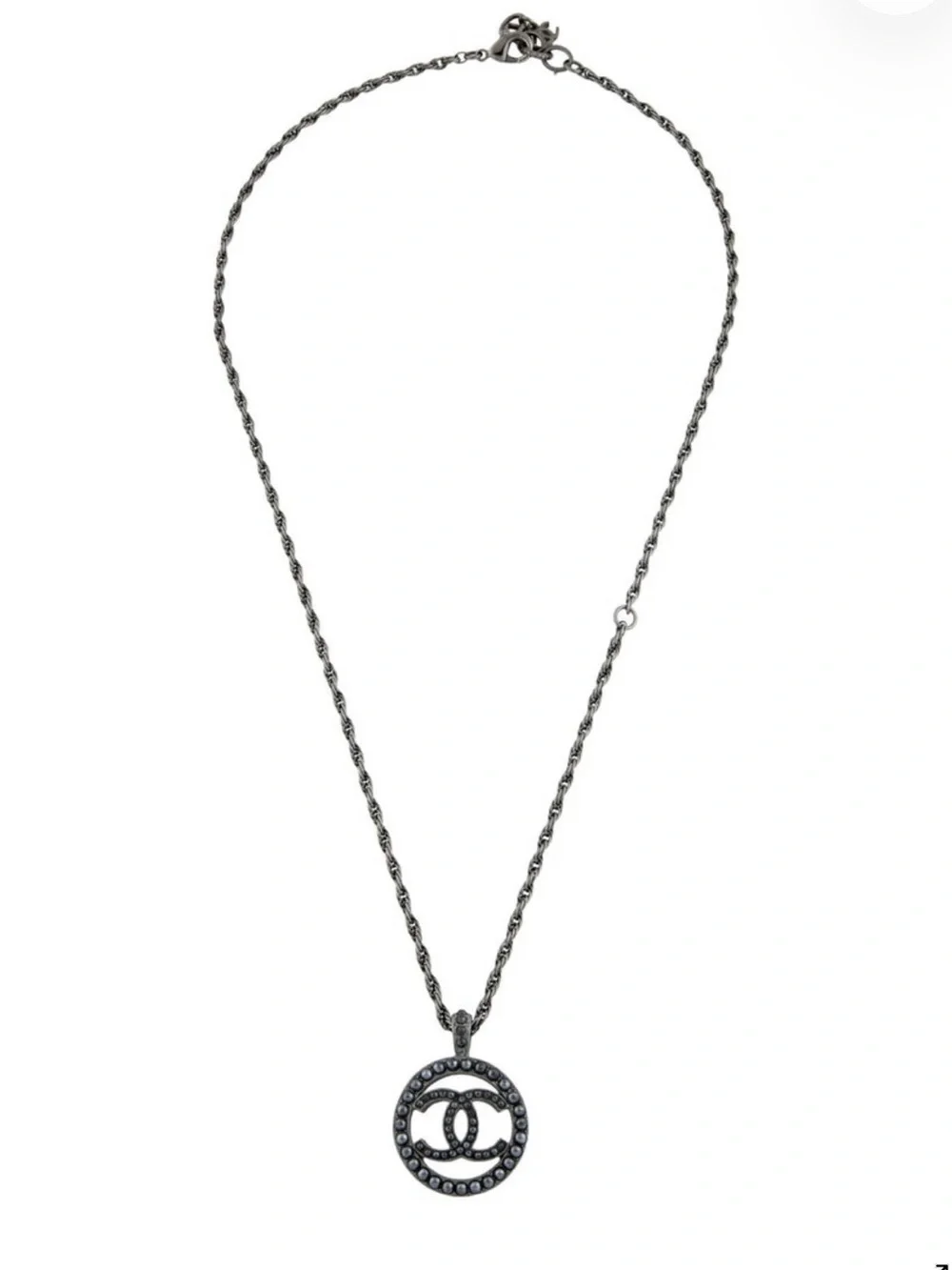 CHANEL Gunmetal CC Circle Pendant Necklace with Dark Crystals